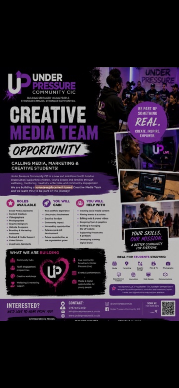 Under Pressure Community CIC Creative Media Team opportunity poster